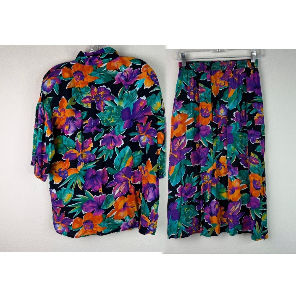 Vintage Michele Leslie Skirt Set Womens Medium Floral Rayon Two Piece Midi Skirt